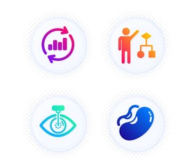 Eye laser, Update data and Algorithm icons simple set. Button with halftone dots. Beans sign. Optometry clinic, Sales chart, Developers job. Vegetarian seed. Business set. Vector