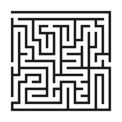 Black square vector maze isolated on white background. Black labyrinth with three entrances. Vector maze icon. Labyrinth symbol. Kids puzzle