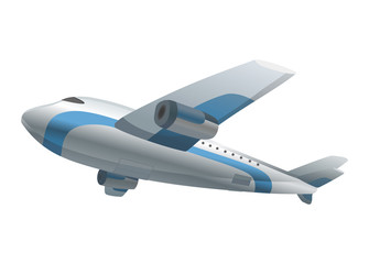 Airplane on white background. Airliner in bottom view. Vector realistic aircraft cargo. Passenger plane, sky flying aeroplane