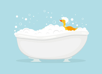 Bath with foam and toy duck, bubble water foam. Bath time vector illustration with soap foam and yellow  duck