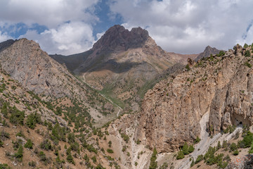Obraz premium The beautiful view of blue sky and snow mountain summit near to Kaltsit peak in Fann mountains in Tajikistan