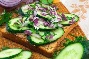sandwich with cucumber, red onion and hummus