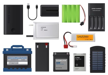 Rechargeable batteries. Isolated vector lithium and solar accumulator batteries, charger and power bank. Car accumulator, alkaline cylinder, energy power and electrical supplies - obrazy, fototapety, plakaty