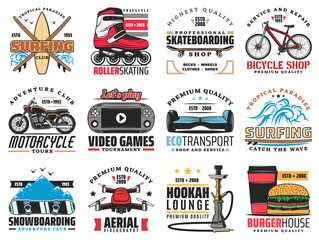 Active recreation and sports activity isolated vector icons. Symbols and icons of surfing club, rollerskating, sport and bicycle shop. Signs for video game tournament and aerial videography