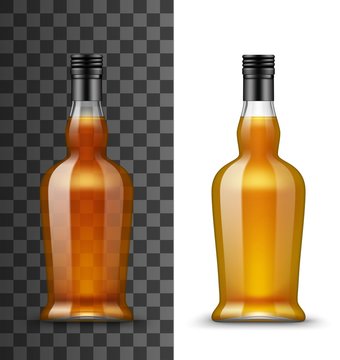 Alcohol drink glass bottle isolated vector mockup. Transparent blank curved closed bottle with brown liquid of cognac, whiskey or brandy, gin, rum and scotch, bourbon drink