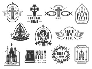 Christian religion isolated vector icons set. Cross with doves and Jesus Christ fish symbols. Christian community monochrome signs with praying angel, Bible, church and orthodox monastery buildings