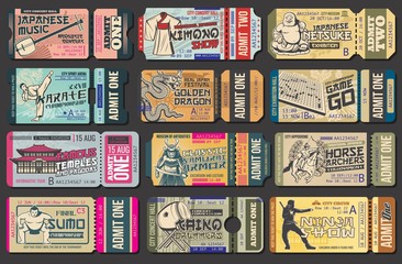 Japan vector ticket templates. Japanese travel entrance coupons, asian dragon and music festival. Kimono and samurai armor museum exhibition, sumo championship, ninja and horse archer show tickets set