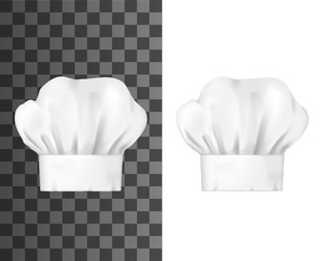 Chef hat, white toque front view isolated vector mockup. Chief cap working uniform of restaurant staff, cook clothing. Professional garment for head, pleated toque mockup design element - obrazy, fototapety, plakaty