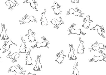 Fototapeta na wymiar Seamless pattern, background with cute rabbits, hares. Colored vector illustration.