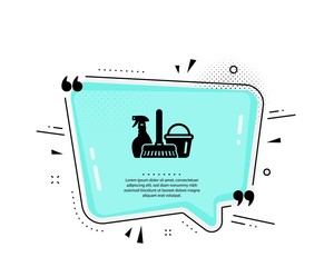 Cleaning service icon. Quote speech bubble. Spray, bucket and mop symbol. Housekeeping equipment sign. Quotation marks. Classic household service icon. Vector