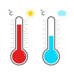 Thermometer icons. Hot and cold temperature. Symbol meteorology and weather. Measurement of heat for celsius or fahrenheit. Scale of thermostat. Meter, control of cool and warm climate. Vector