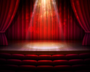 Fototapeta Stage with red curtains, spotlight and seats vector background of theater or theatre, cinema, movie, opera and concert hall. Empty performance scene, velvet draperies and backdrop, stage light, chairs obraz