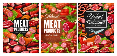 Meat, chicken legs, smoked sausages. Butcher shop products in vector. Pork ham and veal medallions, sausages, beef steak and lamb, kotelet and salami. Cervelat wurst, mutton ribs and knife, farm meat