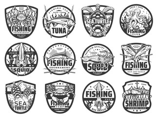 Fishing sport and hobby vector icons. Isolated fisherman tournament labels with crab and squid, sea turtle and octopus, marlin fish and underwater seaweeds. Monochrome professional fishing club icons