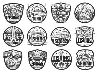 Obraz premium Fishing sport and hobby vector icons. Isolated fisherman tournament labels with crab and squid, sea turtle and octopus, marlin fish and underwater seaweeds. Monochrome professional fishing club icons