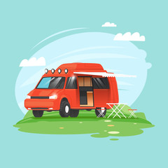 Camping, camper voyage, van. Flat design vector illustration.