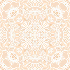 Eastern ethnic motif, traditional indian white henna ornament. Seamless pattern, background in beige colors. Vector illustration.