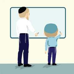 An ultra -Orthodox Jewish student with a kippah (head cap) writes on the white board with an erasable marker, next to him is a Hasidic Jewish teacher watching the student Bright pastel vector drawing.