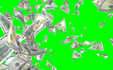 Flying dollars banknotes isolated on chromakey. Money is flying in the air. 100 US banknotes new sample. 3D illustration