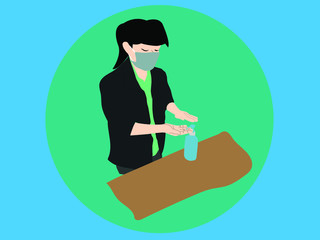 Young man wear masks Use alcohol antiseptic gel to clean hands and prevent germs. Vector illustration