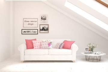 White living room with sofa. Scandinavian interior design. 3D illustration