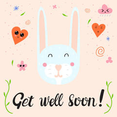 Get Well Soon card design with cute bunny. Hand lettering for greeting card, poster, banner, sticker and print. Nordic animal.  Cute vector illustration in scandinavian style. Doodle design. 