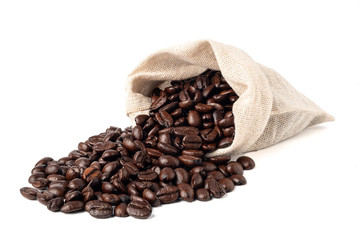 Roasted coffee beans in bag isolated on white background.