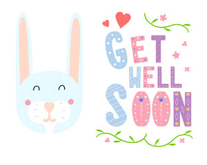 Obraz na płótnie Canvas Get Well Soon card design with cute bunny. Hand lettering for greeting card, poster, banner, sticker and print. Nordic animal. Cute vector illustration in scandinavian style. Doodle design. 