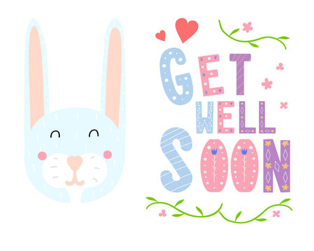 Get Well Soon card design with cute bunny. Hand lettering for greeting card, poster, banner, sticker and print. Nordic animal.  Cute vector illustration in scandinavian style. Doodle design. 