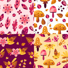 Set of Nature seamless patterns with autumn flowers and leaves in orange and pink colors. Decorative elements in flat style for wallpaper, cards, textile and etc. Vector illustration