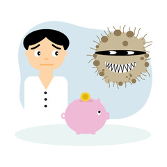 Flat style vector of a man is worried about a bad cancer that will steal savings in his pink piggy bank.  Illustration cartoon concept for saving and life insura