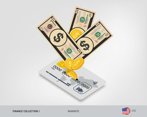 Bank card with flying 10 US Dollar banknotes and gold coins. Flat style vector illustration.
