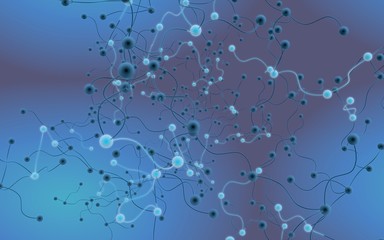 Neural network. Social network. Futuristic blue background. Abstract molecule, cell illustration, mycelium. Hi tech purple background. 3D illustration