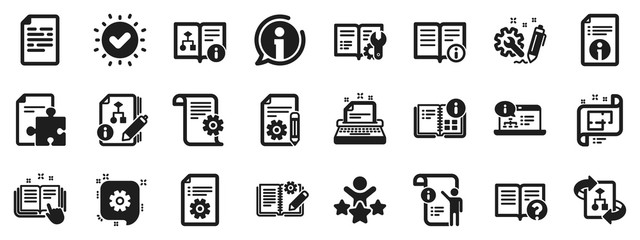 Set of Instruction, Plan and Manual icons. Technical document icons. Help document, Building plan and Algorithm symbols. Technical blueprint, Engineering instruction, Work tool, building. Vector