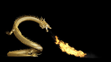Full body Gold Chinese dragon pose spit fire to floor with 3d rendering include alpha clipping path.