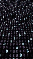 Bitcoin and currency on a dark background. Digital crypto symbol. Currency bubble, wave effect, market fluctuations. Business concept. 3D illustration