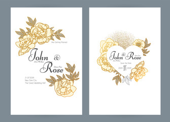 Wedding invitation card set with peony flowers and gold metal effect. Thank you, greeting, birthday, rsvp.