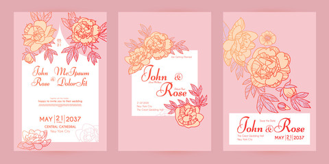 Wedding invitation card set with peony flowers and copper metal effect. Thank you, greeting, birthday, rsvp.