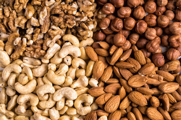 Top view collection of nuts for health, fitness and vitality.
