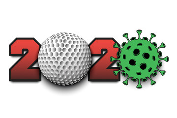 Numbers 2020 and coronavirus sign with golf ball. Stop covid-19 outbreak. Caution risk disease 2019-nCoV. Cancellation of sports tournaments. Vector illustration