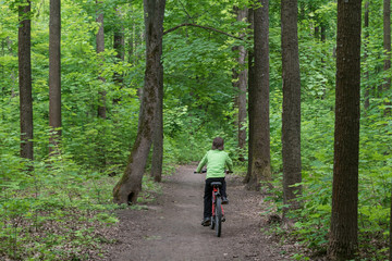Obraz premium boy is riding a bike in deep green forest on path through big trees, outdoor activities, beautiful wild nature, healthy lifestyle