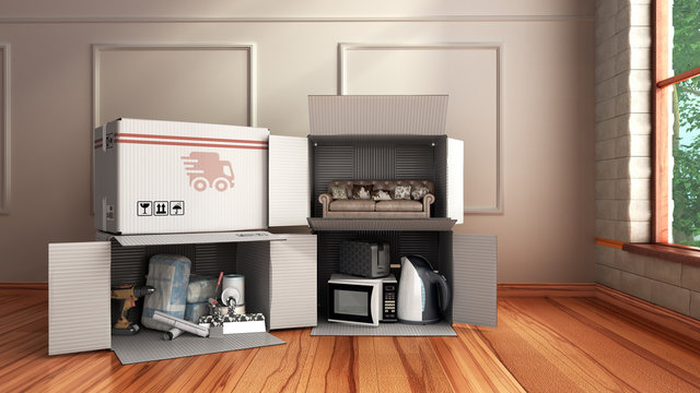concept of delivery of goods for home repair goods furniture and household appliances in open boxes lying on the wooden floor in the room 3d render image