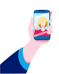 Hand with the mobile phone on which the video call is made. Vector illustration on the topic of video communication on a smartphone.
