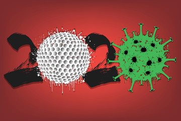 Abstract numbers 2020 and coronavirus sign with golf ball made of blots. Stop covid-19 outbreak. Caution risk disease 2019-nCoV. Cancellation of sports tournaments. Vector illustration