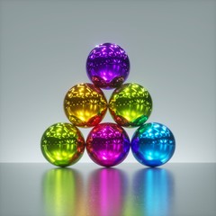 3d render, pile of colorful pink violet yellow green blue metallic balls isolated on silver background. Glossy chrome spheres. Abstract primitive geometric shapes. Variety metaphor.