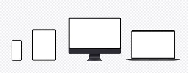 Realistic computer mockup set with desktop, laptop, tablet and smartphone. Black electronic device set in front view, pc screen, open notebook, pad and mobile phone display.