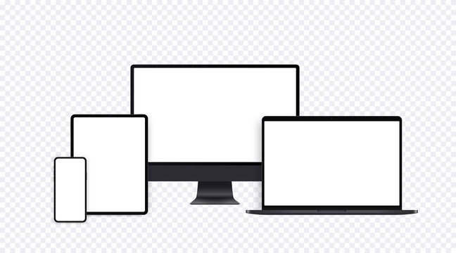 Realistic computer mockup set with desktop, laptop, tablet and smartphone. Black electronic device set with blank screens in front view, pc template, opened notebook, pad and mobile phone display.