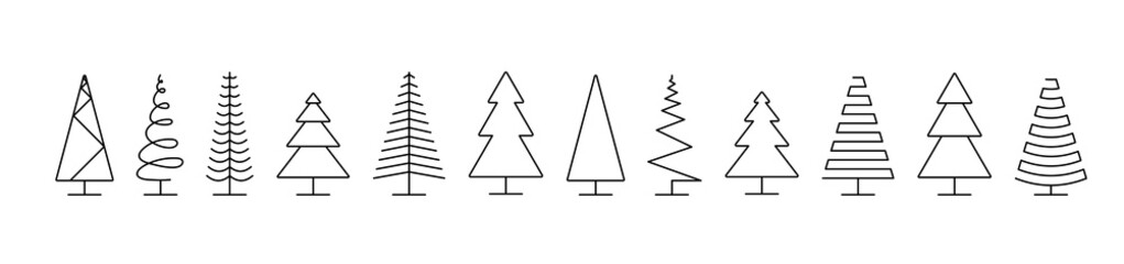 Christmas trees icons. Trees icons in a row, isolated on white background. Panorama view. Christmas tree in line flat design. Eps10