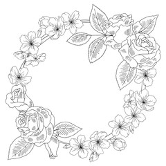 Rose flower graphic black white isolated wreath sketch illustration vector