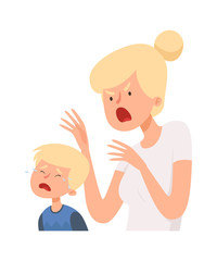 Angry woman. Baby boy crying, female screaming. Bullying, domestic violence and abusing. Isolated mother and son vector illustration. Bullying on son by mother, boy crying and exhausted